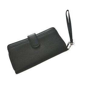 Black Faux Leather Wallet Women Wristlet Strap Multiple Card Slots Zipper Snap